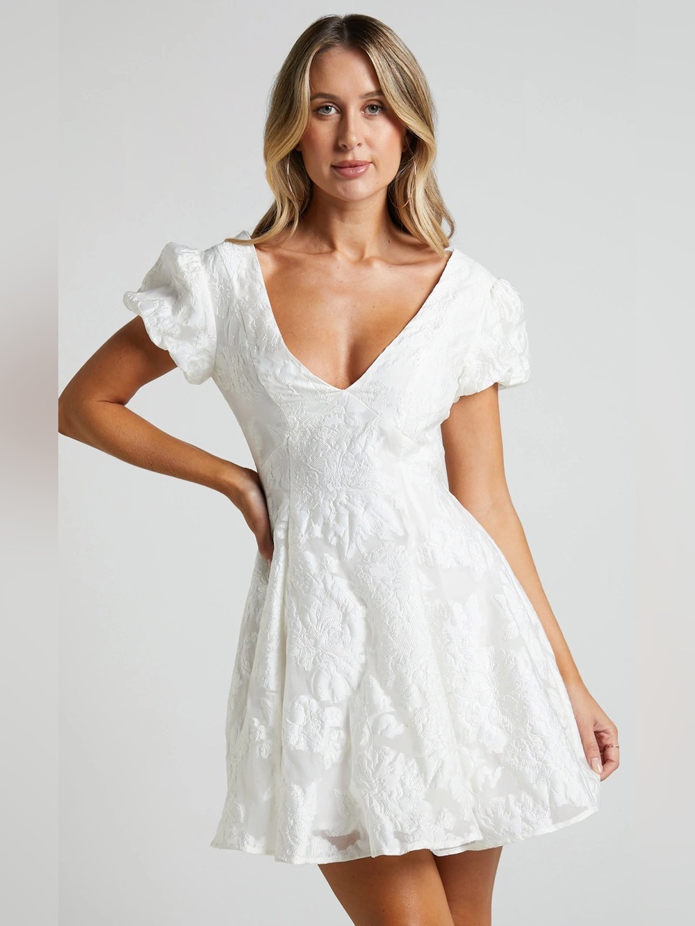 Showpo Brailey Jacquard Mini Dress in white